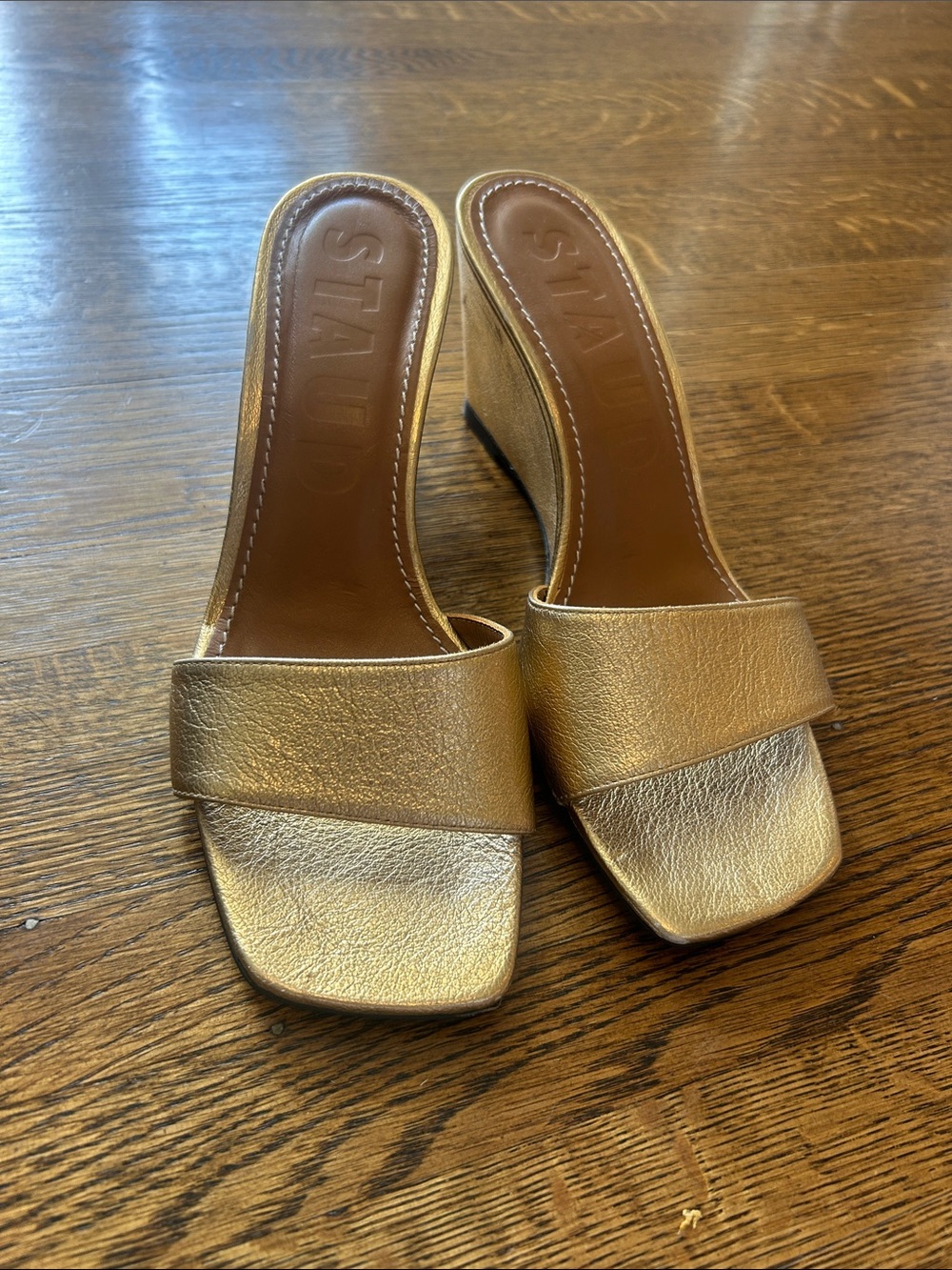 STAUD Metallic Gold Leather Slide Wedge Sandals 37